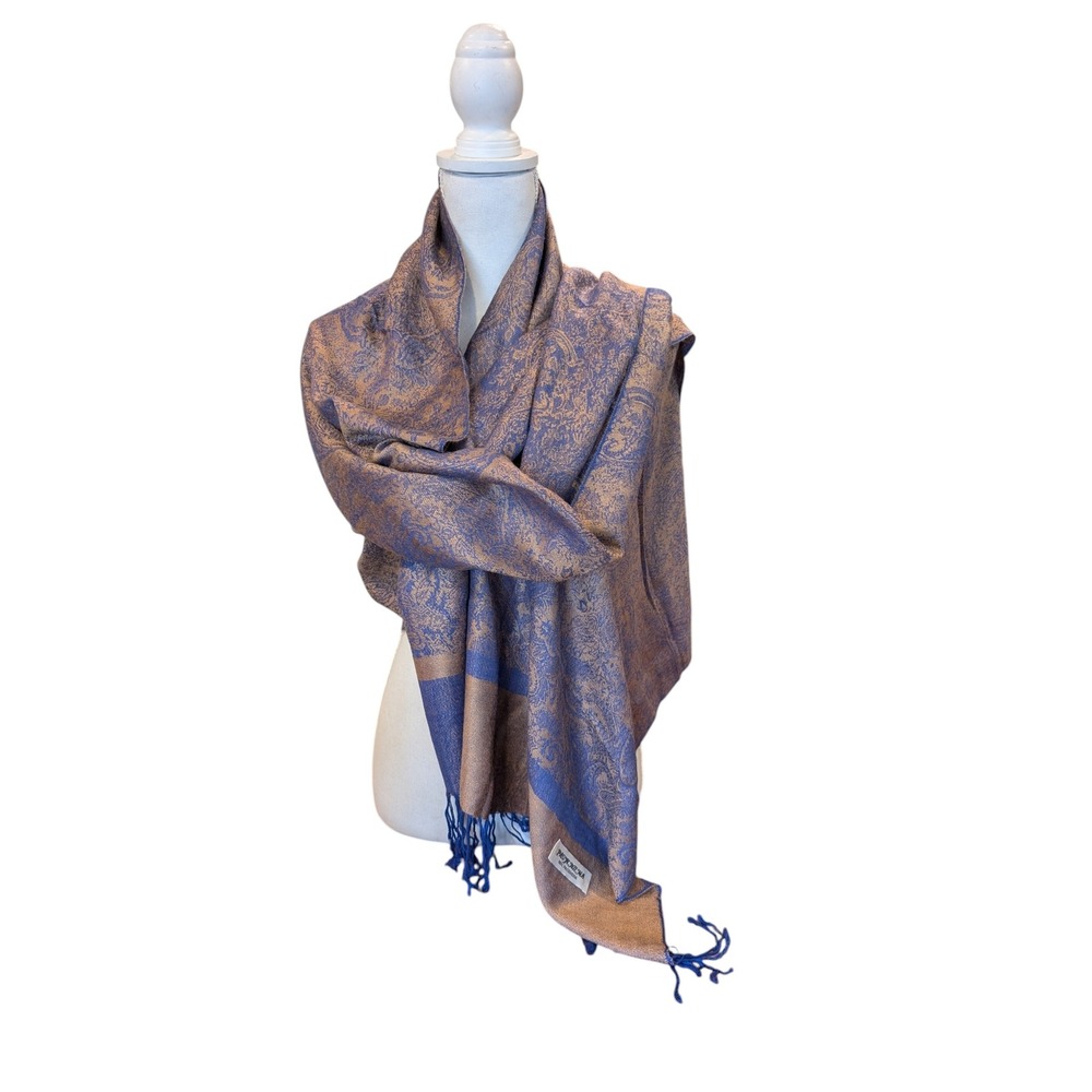 Pashmina Scarf Shawl Blue Gold Paisley Jacquard Reversible Fringe Wrap Women